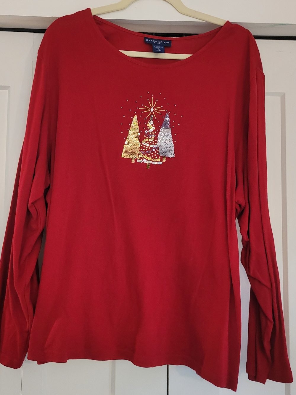 Karen Scott Red Long-Sleeve Sequin Tree Holiday Top